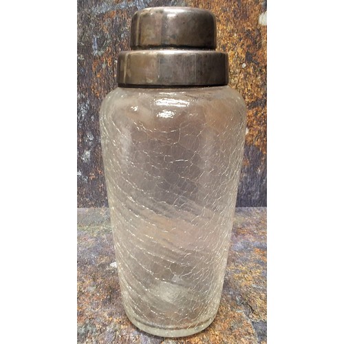 423 - An Art Deco crackle glass cocktail shaker, plated cover, 21cm high, c.1930