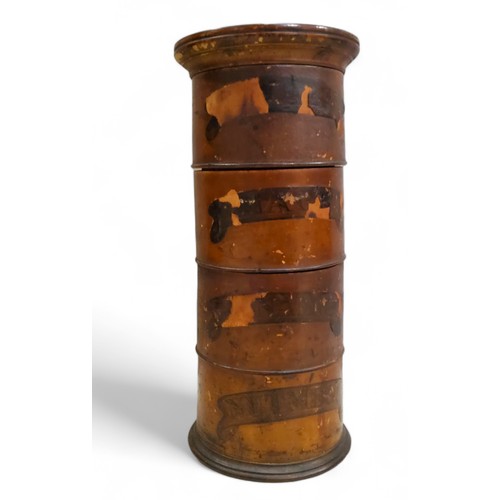 467 - Treen - a 19th century sycamore four-section spice tower, Nutmegs, Mace, Cloves, Cinnamon, 21cm high... 