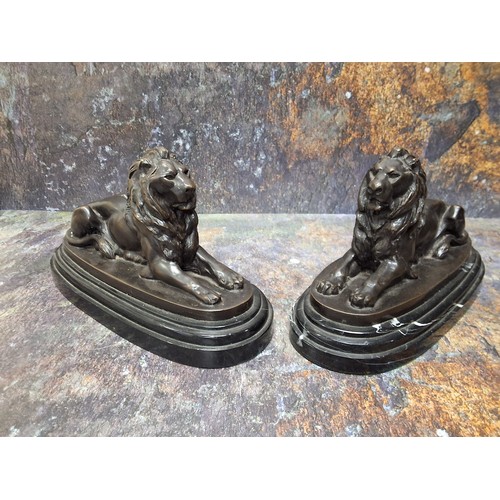 504 - English School, a pair, dark patinated bronzes, lions, reclining, oval marble bases, 29cm wide