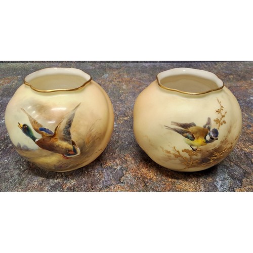 238 - A Royal Worcester vase, painted by Jas. Stinton, signed, with a mallard duck in flight,  7cm high, d... 