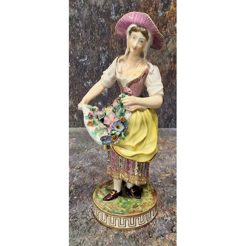 180 - A Minton figure., The Flower Gathers, she stands holding an apron full of flowers,  circular Greek k... 