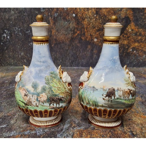 179 - A pair of Minton flasks and covers,  each side painted with a  Herdsman and cattle,  fluted bases, c... 