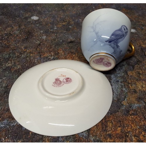 250 - A Royal Worcester demi-tasse cup and saucer,  painted in the  style of Raymond Rushton, with owls, i... 