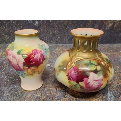 241 - A Royal Worcester baluster vase, painted by M. Hunt, signed, with roses and foliage, 11cm high,  pri... 