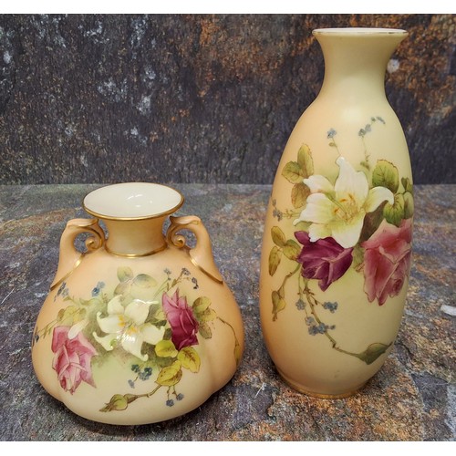 236 - A Royal Worcester two-handled lobed ovoid vase, printed and painted with summer flowers on a blush i... 