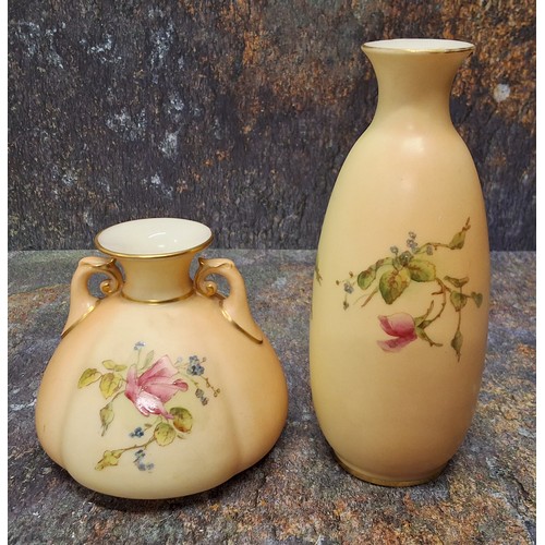 236 - A Royal Worcester two-handled lobed ovoid vase, printed and painted with summer flowers on a blush i... 