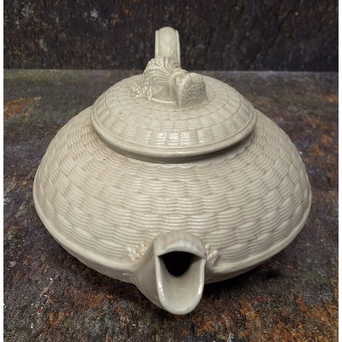 182 - A Staffordshire saltglaze basketweae teapot and cover, wheatsheaf finial, 10cm high, c.1810