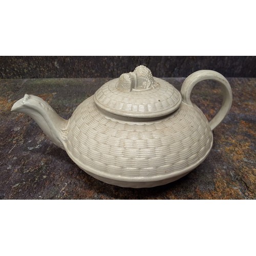 182 - A Staffordshire saltglaze basketweae teapot and cover, wheatsheaf finial, 10cm high, c.1810