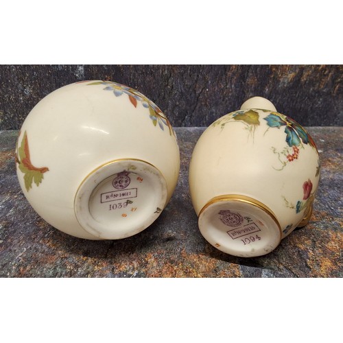 251 - A Royal Worcester globular pot pourri and  cover,  painted with flowers on a blush ivory ground, 15c... 