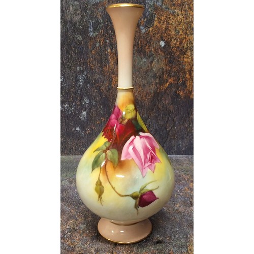 239 - A Royal Worcester teardrop shape bottle vase, painted by E. J. Bray, signed, with Hadley style roses... 