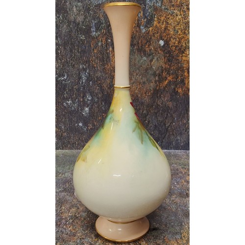 239 - A Royal Worcester teardrop shape bottle vase, painted by E. J. Bray, signed, with Hadley style roses... 