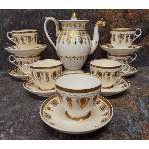 200 - A set of seven Copeland and Garrett coffee cups and saucers, decorated in gilt with stylised leaves,... 