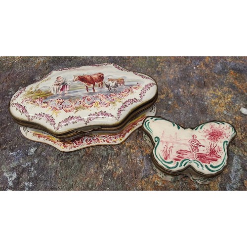 152 - A 19th century French cartouche shaped enamelled box, the cover decorated with figure, cow and sheep... 