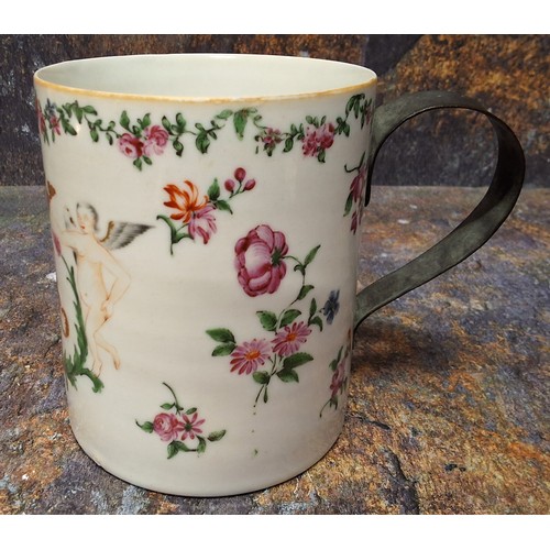 331 - A Chinese Armorial famille rose porter mug, decorated with initials, below a crown, flanked by angel... 