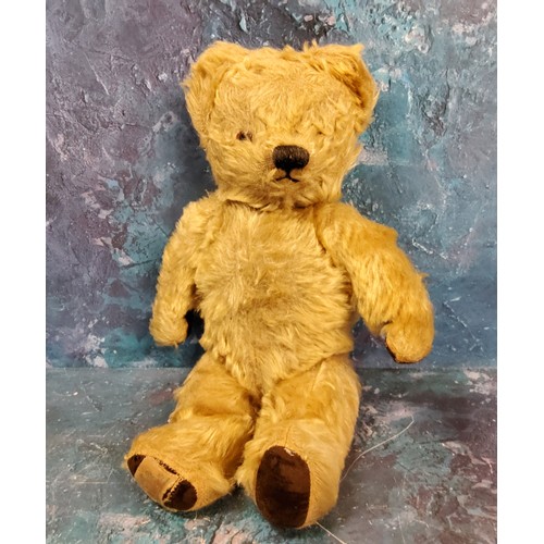 2 - A Chad Valley jointed mohair musical bear, small ears, horizontal stitched snout, velvet pads, 33cm ... 