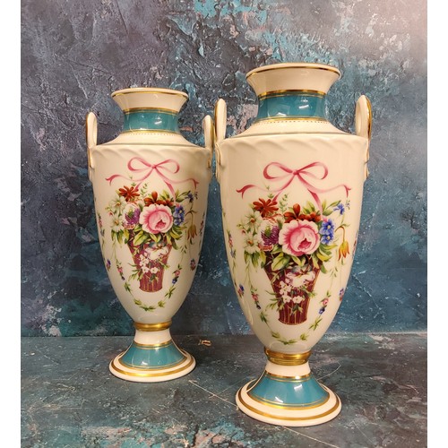 43 - A pair of Minton Rose Basket Bicentenary vases, printed marks, no.4355 and 6753