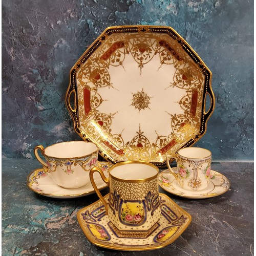 49 - A Noritake two handled octagonal plate;  a Noritake cabinet cup;  another;   a Limoges cabinet cup