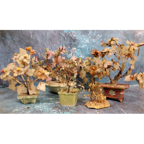 33 - A Japanese hardstone bonsai tree, cloisonne planter;  others  (6)