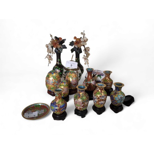 9 - A pair of Japanese cloisonne vases, with hardstone flowers, 15cm high,  Meiji period;  miniature clo... 