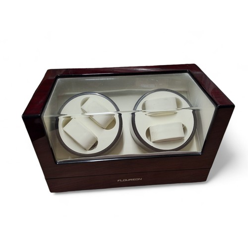 383 - A Floureon high gloss lacquered wood and clear perspex quad watch winder,  complete with adapte... 