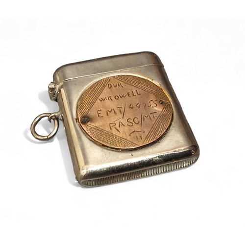 278 - World War II - a military vesta case, set with a disc inscribed Driver W R Owell, EMT/44755, RASC/MT... 