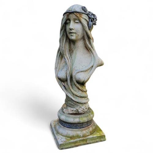 739 - Garden Statuary - an Art Nouveau bust of a water nymph, mounted with lead headdress on turned socle ... 