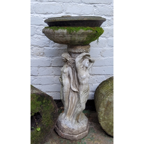 765 - The Three Graces reconstituted stone bird bath, 86cm high