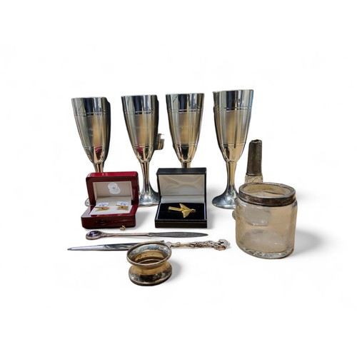 10 - Fellowship Lodge - a set of four Wentworth Pewter champagne flutes, boxed;   a pair of cufflinks, ca... 