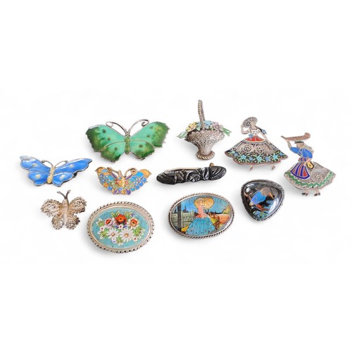 201 - A sterling silver and enamel brooch in the form of a butterfly; another smaller (af) a Continental w... 