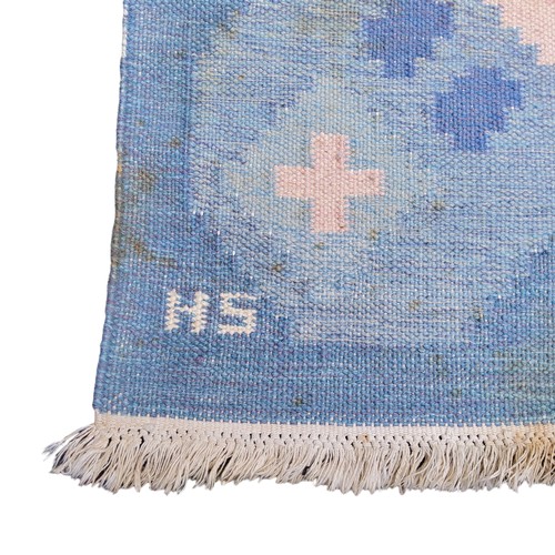 452 - A Swedish flat weave carpet, signed by Svensk Hemslöjd “SH” in pastel tones, 138cm ... 