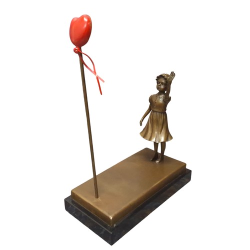 455 - After Banksy, bronze balloon girl, black marble rectangular base,  40cm high