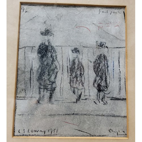 143 - Manner of L S Lowry, Three Figure, bears signature, mixed medium, pencil and crayon, 15cm x 12cm