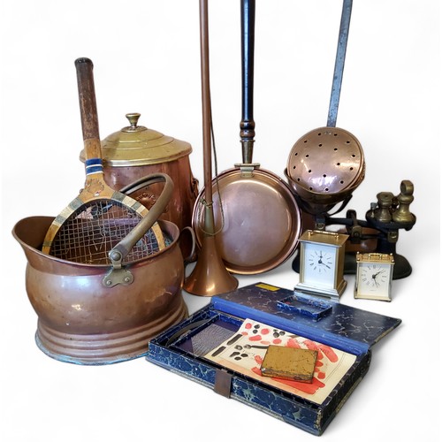 178 - A copper coal bucket;  a set of scales;   hunting horn;   skillet;   artists box;  etc