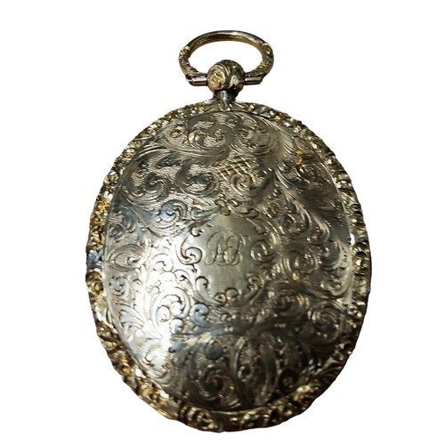 240A - A 19th century gold oval locket, with oval cartouche engraved and chased with foliate scrolls, on a ... 