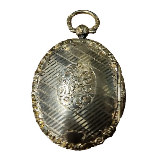 240A - A 19th century gold oval locket, with oval cartouche engraved and chased with foliate scrolls, on a ... 