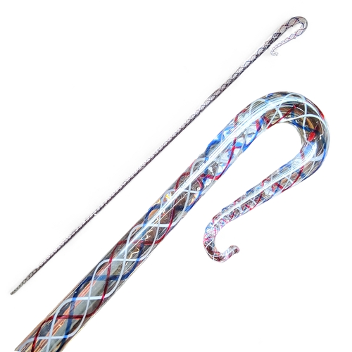 38 - A Nailsea glass frigger cane walking stick, decorated with a double-helix in blue and red, 144cm lon... 