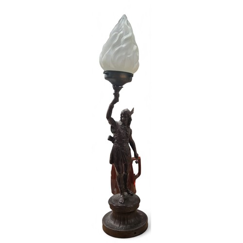 41 - A late 19th century spelter figural library lamp, of Ajax, frosted torch shade, 69cm high, c.1880