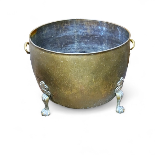 111 - A substantial 19th century brass fuel bucket, twin carrying handles raised on ball and claw feet