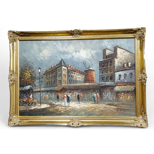 114 - C. Burnett, Parisian Market Scene, oil on canvas, 104cm x 75cm, framed