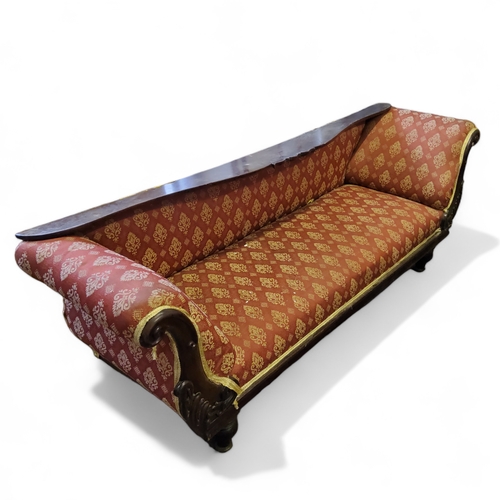 257 - A large Victorian mahogany scroll arm sofa, 220cm wide x 99cm high x 65cm deep (faults to cresting r... 