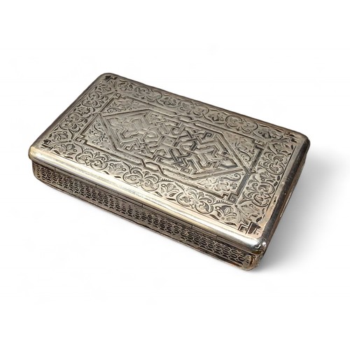 360 - A 19th century Continental niello silver rectangular snuff box, engraved with geometrical motif and ... 