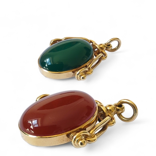259 - A 9ct gold carnelian and green stone swivel fob, chain linked detail, hallmarked 375
