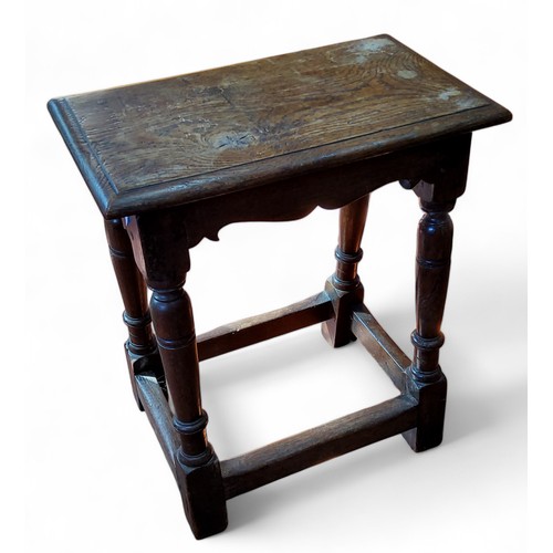 646 - A 17th century design oak joint stool, rectangular top, turned and blocked legs, rectangular stretch... 