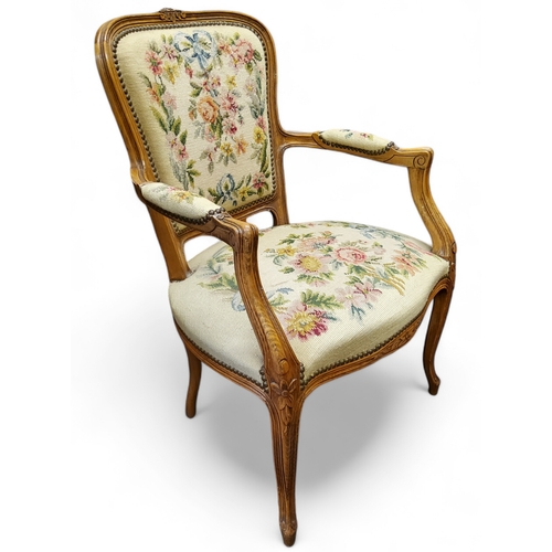 627 - A French fauteuil bedroom chair, studded tapestry upholstery, cabriole legs, French pad foot, seat h... 