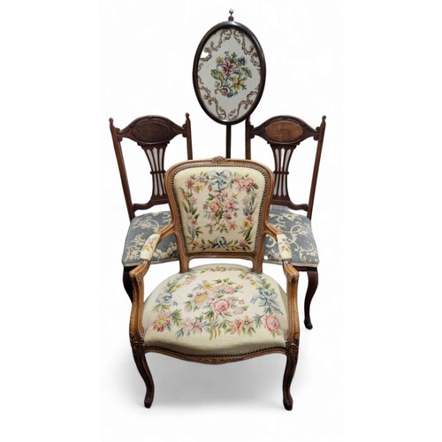 627 - A French fauteuil bedroom chair, studded tapestry upholstery, cabriole legs, French pad foot, seat h... 