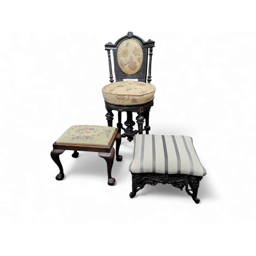 629 - A cast iron low foot stool in the manner of Coalbrookdale, pinstriped overstuffed upholstered seat, ... 