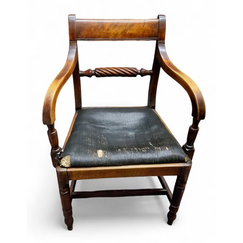 630 - A  19th century mahogany elbow chair, spirally turned horizontal rail, drop in seat, turned leg... 