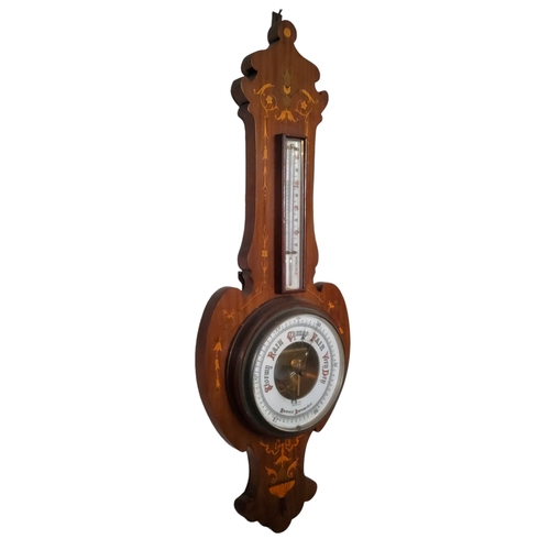 624 - A late Victorian mahogany aneroid banjo barometer, satinwood inlaid with Neoclassical swags and urns... 