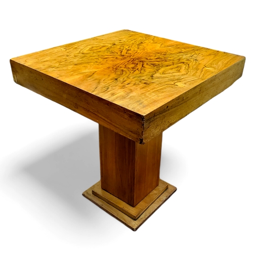 652 - An Art Deco walnut square occasional table, split veneered, stepped to base, 53cm x 48.5cm x 48.5cm,... 