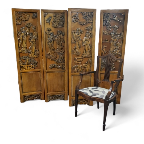 465 - Four Chinese carved camphor wood modesty screen panels, decorated in relief with Guanyin and other i... 